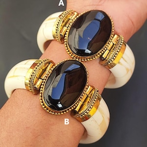 Horn Bone Jewelry Ethically Sourced Buffalo Bone Natural Black Agate Bangle Bracelet Handmade Vintage Style Antique Finish jewelry
