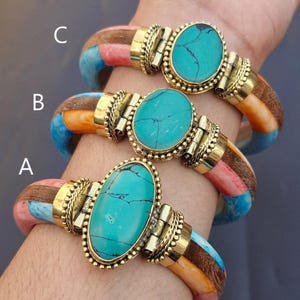 Turquoise Synthetic Stone Wood Bangle Bracelet With Ethically Sourced Buffalo Bone Handmade Vintage Style Antique Finish jewelry