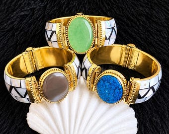Handmade Stone Bangle: Gold Brass, Mother of Pearl, Boho Antique Jewelry