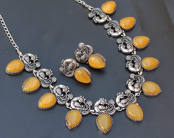 Oxidized Silver Peacock Necklace Earring Set - Ethnic Indian Jewelry