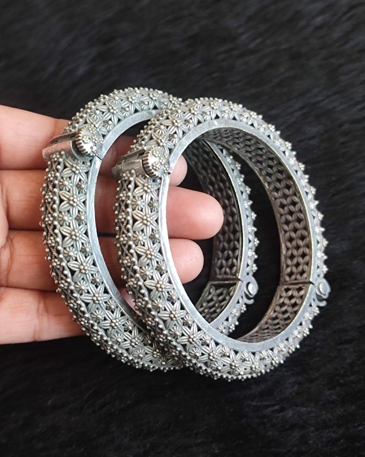 Matching Pair Floral Motif Oxidized Silver Bangle Bracelet (kada