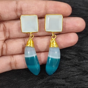 Agate Chalcedony Gemstone Earrings, Gold Plated Bezel Link Charm jewelry