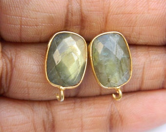 Natural Labradorite Gemstone Stud Ear Post Bezel Set Gold Plated Earrings Components Making Supplies Findings DIY Purely Handcrafted Jewelry