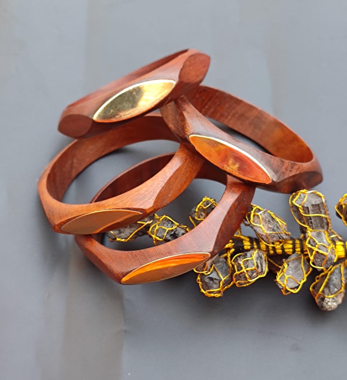 Set of 4 Pcs Wooden Brass Bangle Bracelet Hexagon Shape Real