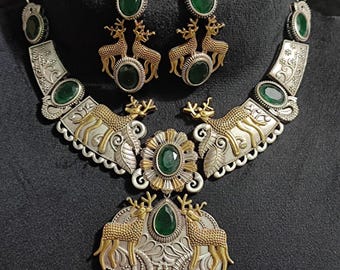 Oxidized Dual Tone Choker Necklace & Earrings Set, Green Stone, Ethnic Indian Jewelry