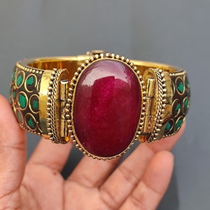 Vintage Aventurine & Agate Stone Openable Gold Brass Bangle Bracelet Synthetic Malachite Inlay Style Handmade Boho Antique Finish jewelry