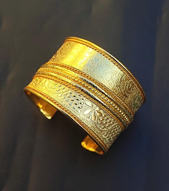 Bracelet Jonc Large Ancien En Laiton Et Métaux Tressés - Réglable - Occasion Très Bon état