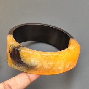 Resin Bangle Bracelet Black & Yellow Resin Retro Wide Bangle Lucite Bangle Chunky Resin Art Handmade Exclusive  Boho Unique Fashion Jewelry
