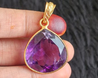 Natural Amethyst Pendant Gold Plated Brass, Handmade Charm Sale Jewelry