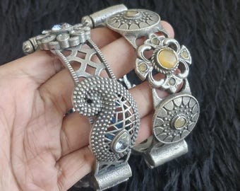 Brass Bangle Bracelet: Antique Style Indian Traditional Oxidized Silver Synthetic Stone Boho Jewelry, Ethnic Statement Bangles Jewelry