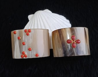 Handmade Buffalo Horn Ethically Sourced Cuff Bangle with Synthetic Coral Gemstone Gift For her.