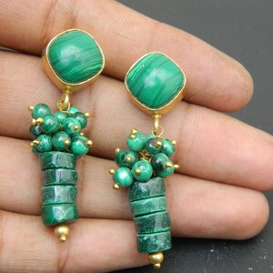 Malachite earring bezel set gold pleated earring beads earring Gemstone jewelry Wedding Earring Handmade Gift For Her