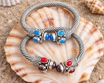 Handmade Oxidized Silver Tone Cuff Bracelet Boho Tribal Jewelry, Adjustable Open Cuff, Statement Bracelet