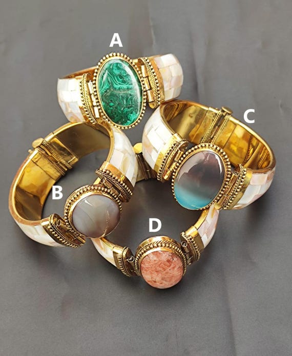 Quartz Malachite & Agate Mother of Pearl Shell Gold Brass Bangle
