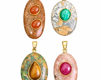 Natural Gemstone Pendant Gold Plated Brass Multi Stones Pendant Charm DIY Jewelry