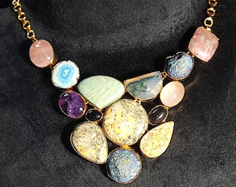 Handcrafted Gold Plated Multi Stone Statement Necklace