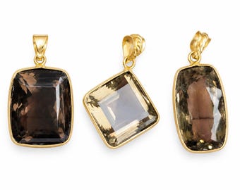 Handmade Natural Smoky Pendant, Gold Plated Brass Bezel, Sale Jewelry