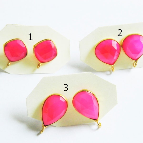 Hot Pink Chalcedony Faceted Stone Stud Connector Genuine Agate Color Dyed Gemstone Handmade Designer Fashion Jewelry Making Supplies Finding