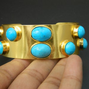Gemstone Jewelry Turquoise Howlite Cuff Bangle Bracelet Gold Plated Brass Handcrafted Vintage Style Bohemian Tribal Jewelry Gift Sale