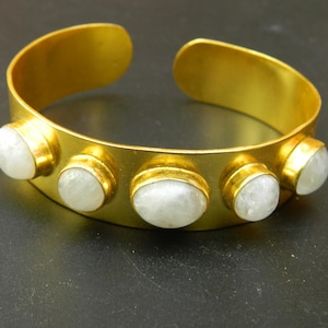 Rainbow Moonstone Gold Plated Brass Cuff Bangle Bracelet Handcrafted Vintage Style Bohemian Stacking Designer Exclusive Fashion Jewelry Gift