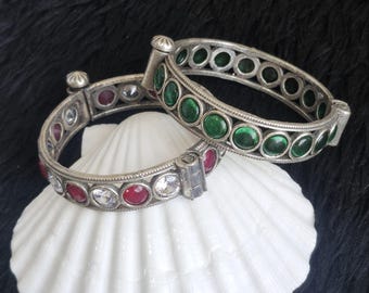Brass Bangle Bracelet: Antique Style Indian Traditional Oxidized Silver Multi Stone Boho Jewelry, Ethnic Statement Bangles Jewelry