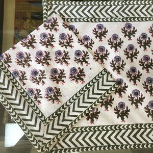 Dinner Table Mats Handmade, Placemats Napkins Fabric Coaster Set, Floral Stamp Print On Placemats With Herringbone Border Thanksgiving Gift