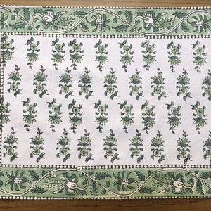 Placemat Napkin Set | Green Ethnic Floral Block Print Placemats | Set of 6 Canvas Cotton Table Mats |Boho Chic Vibes| Nature-Inspired Dining