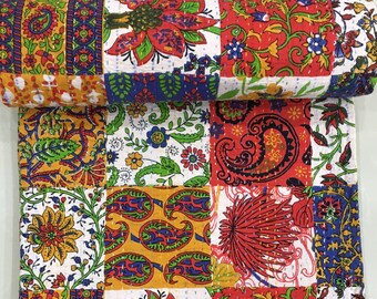 Handmade Twin Cotton Kantha Quilt: Patchwork Floral Bedspread