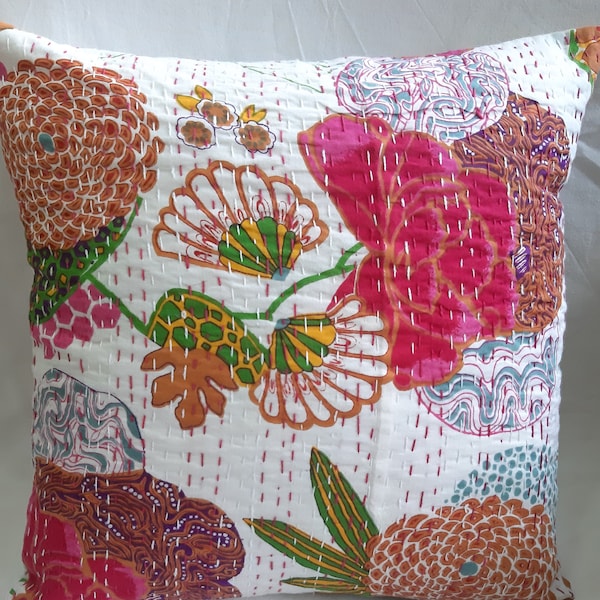 White Embroidered two pillows set/Indian Kantha Cushion cover/White decorative pillows/Kantha throw pillow/Kantha scatter crush/Accent decor