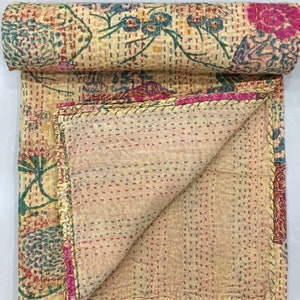 Pineapple Bedding, Beige Bedspread Twin Size Quilt Sale Handmade Indian Kantha Bedcover Single Bed Cotton Summer Throw Blanket, Duvet Cover