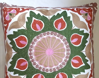 Embroidered Suzani Cushion Cover, Decorative Indian Pillowcase (16x16 inches)