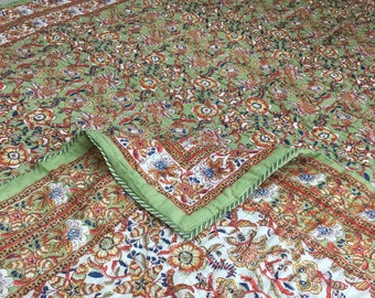 Jaipur Quilt Queen Size Handmade Sale, Block Print Quilt Green Rajai Quilted Blanket Indian Kantha Padded Cotton Reversible Comforter Couple