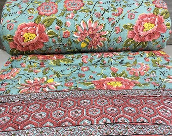 Handmade Floral Block Print Quilt, Cotton Rajai, Throw Blanket, Coverlet Oversized Quilt, Queen Size Quilt, Boho Cotton Bedspread