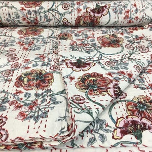 White Bedspread Queen Coverlet Floral Bedding Indian Handstitched Kantha Quilt Queen Bedcover Handmade blanket throw for Double bed gift