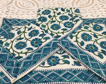 Blauwe placemat servettenset met bloemenblokprint, Indian Dining (set van 6)