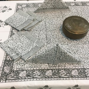 6 Seater Dining Tablecloth with napkins Block Printed, Indian Cotton Floral Table Cover Wedding Kitchen & Dining Christmas Party Décor Gift