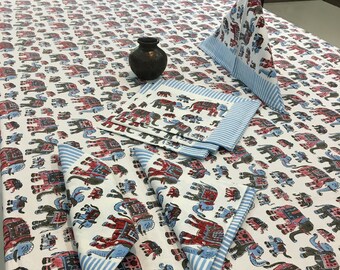 Elephant Print Tablecloth & Napkins, Indian Block Print Cotton Table Cover