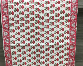 Red Floral Block Print Table Runner, Indian Cotton Dining Table Decor