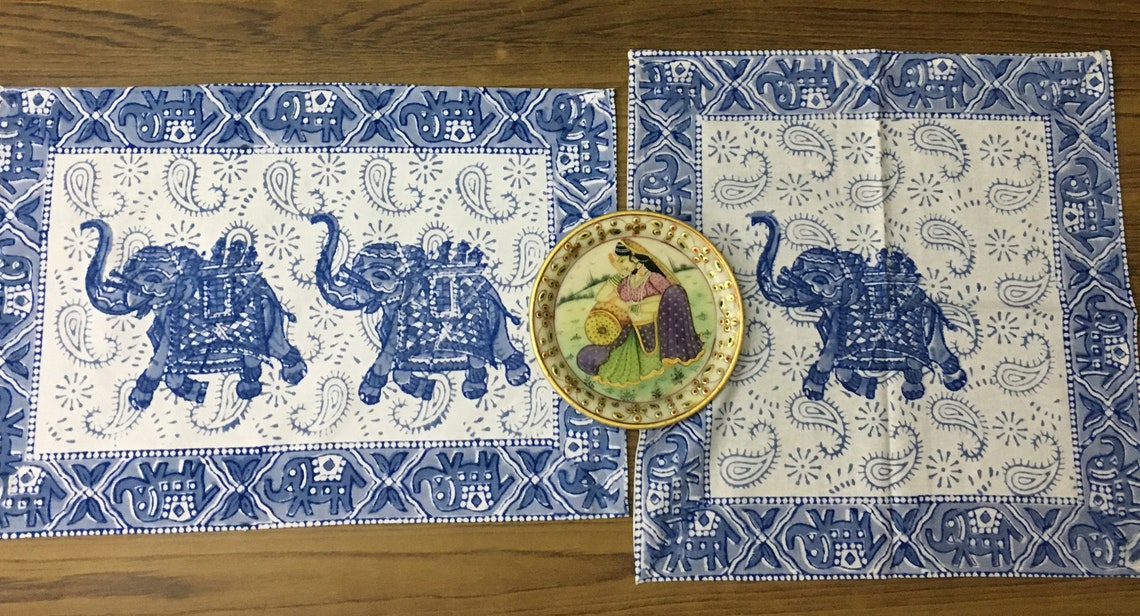 Elephant placemat/Blue placemats and napkins set 6/Fabric Etsy