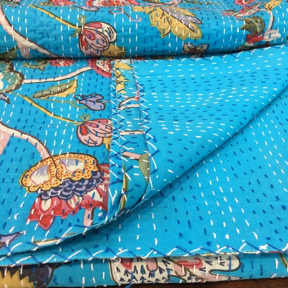 Blue Bedspread Queen Size Embroidered Quilt Indian Kantha
