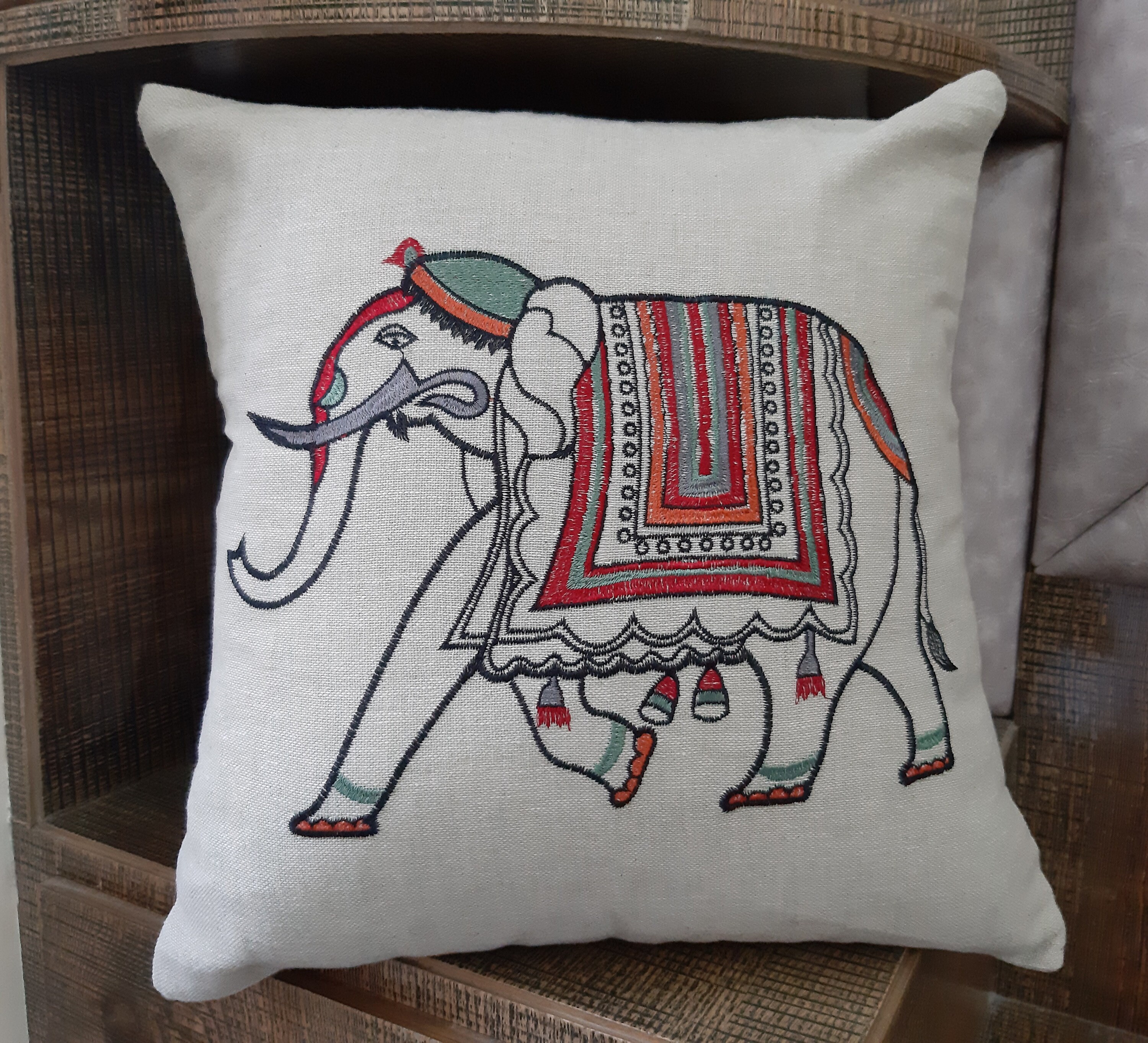 embroidered elephant cushion