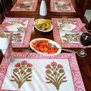 Pink block print placemats with napkins set of 6, Cotton table mats for Thanksgiving dinner decoration, table host gift, boho table linen