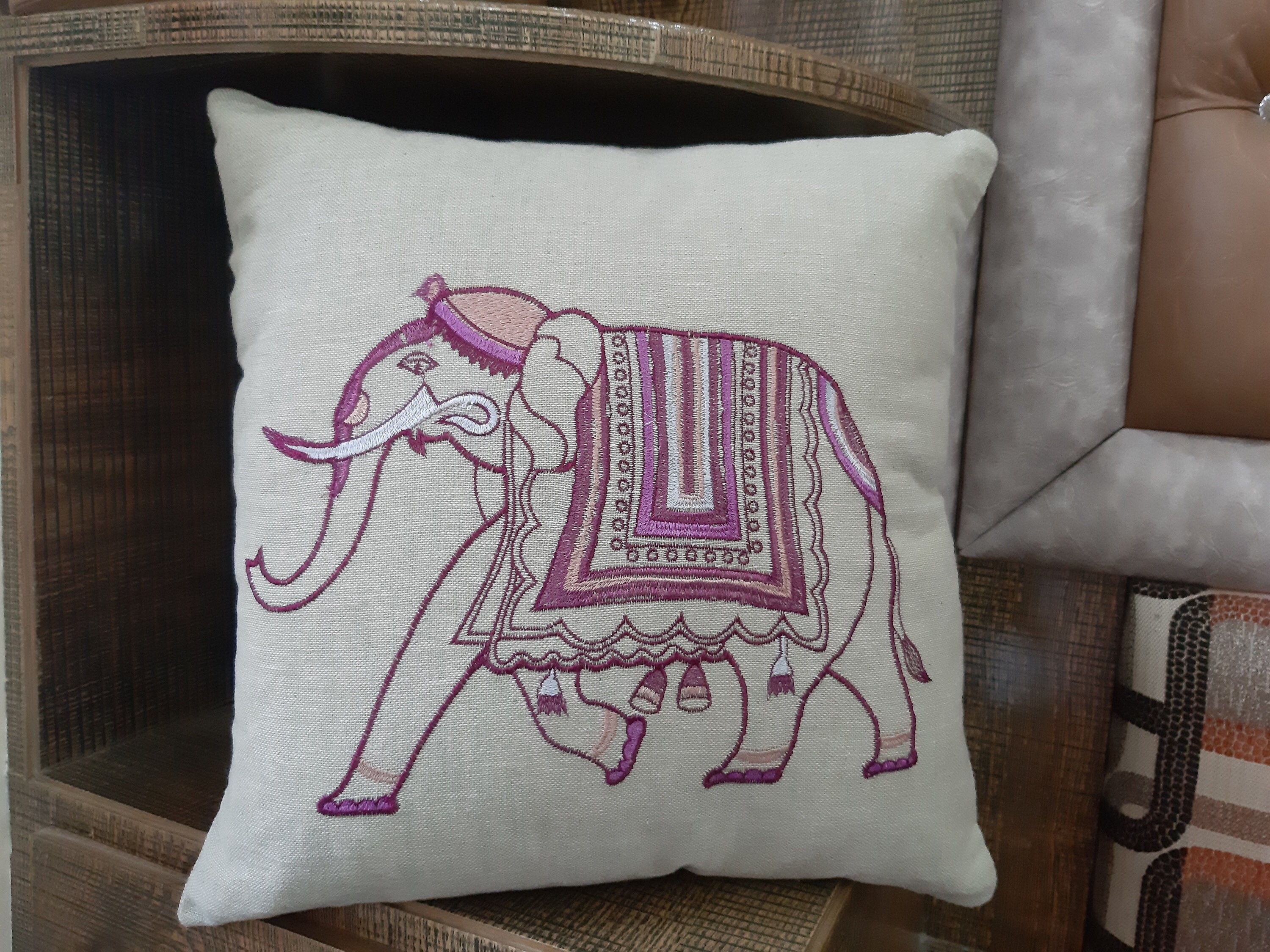 embroidered elephant cushion