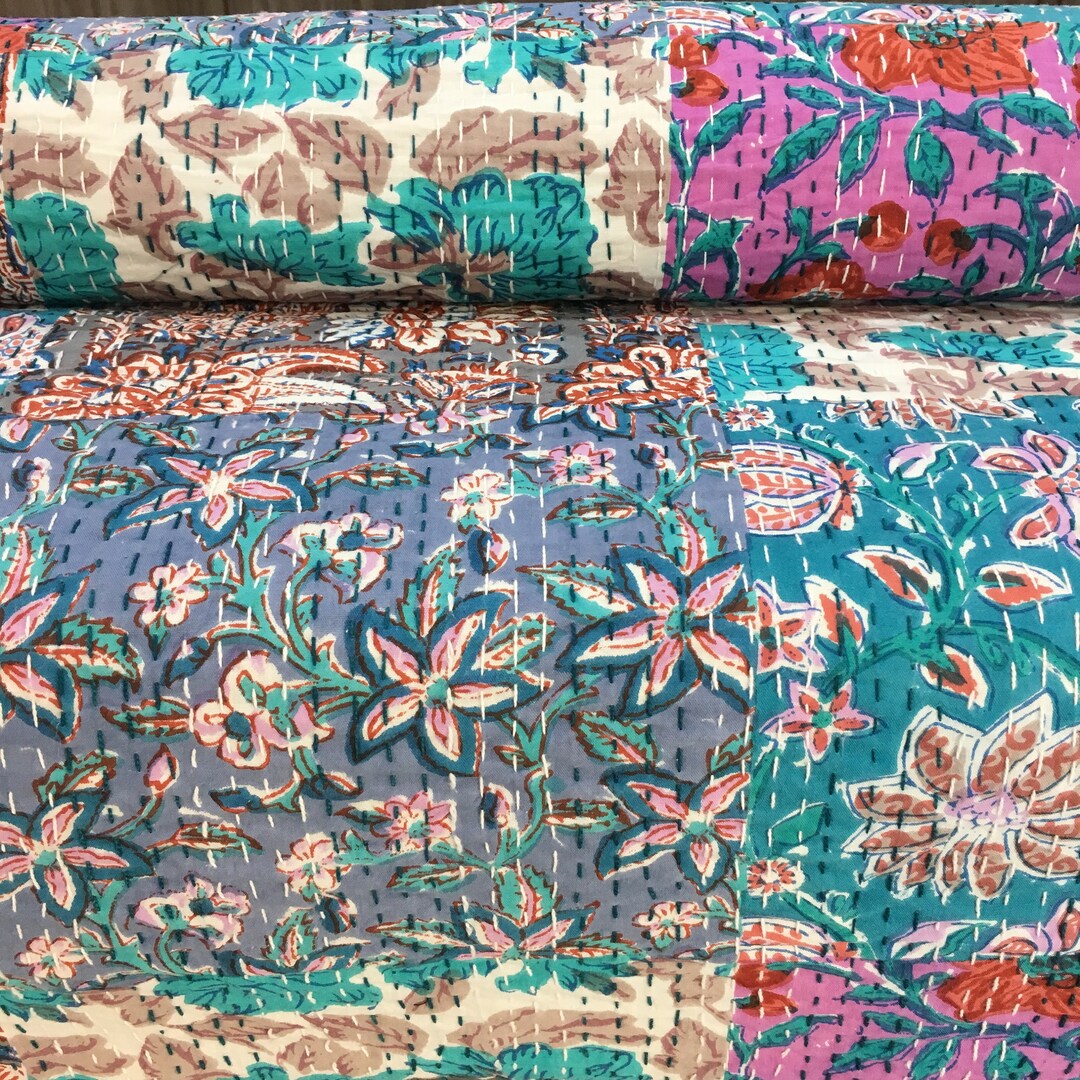 Blue Floral Kantha Quilt - Handmade Organic Cotton Queen Bedspread - Etsy