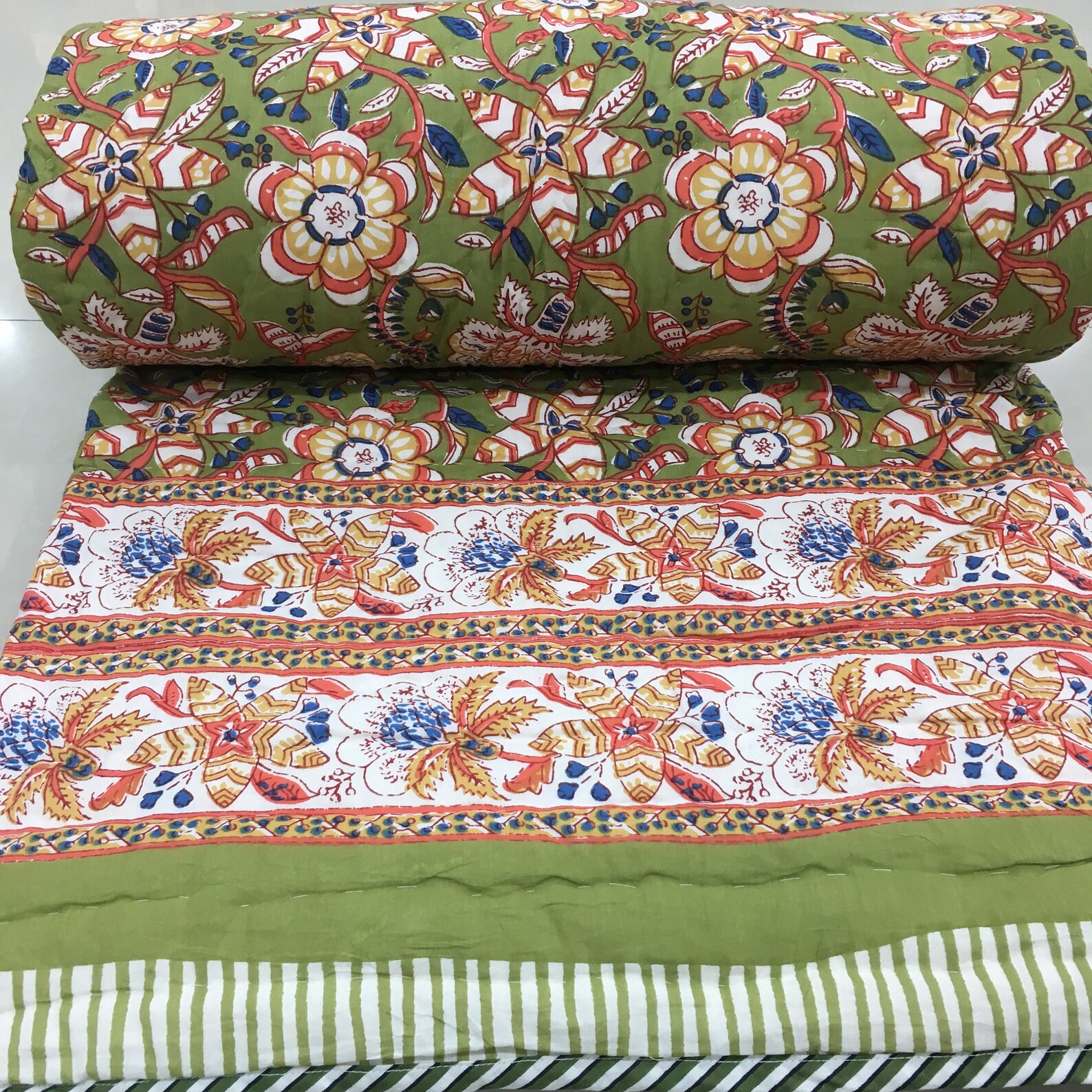 Hand stitched kantha Jaipur Padded quilt queen/Quilted Etsy