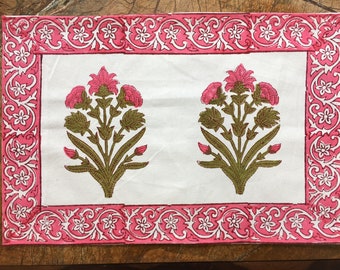 Pink Placemats Napkins Set of 6 Indian Block Print Handmade Placemats Serviettes Floral Table Mats Thanksgiving Dinner Mother of Groom Gift