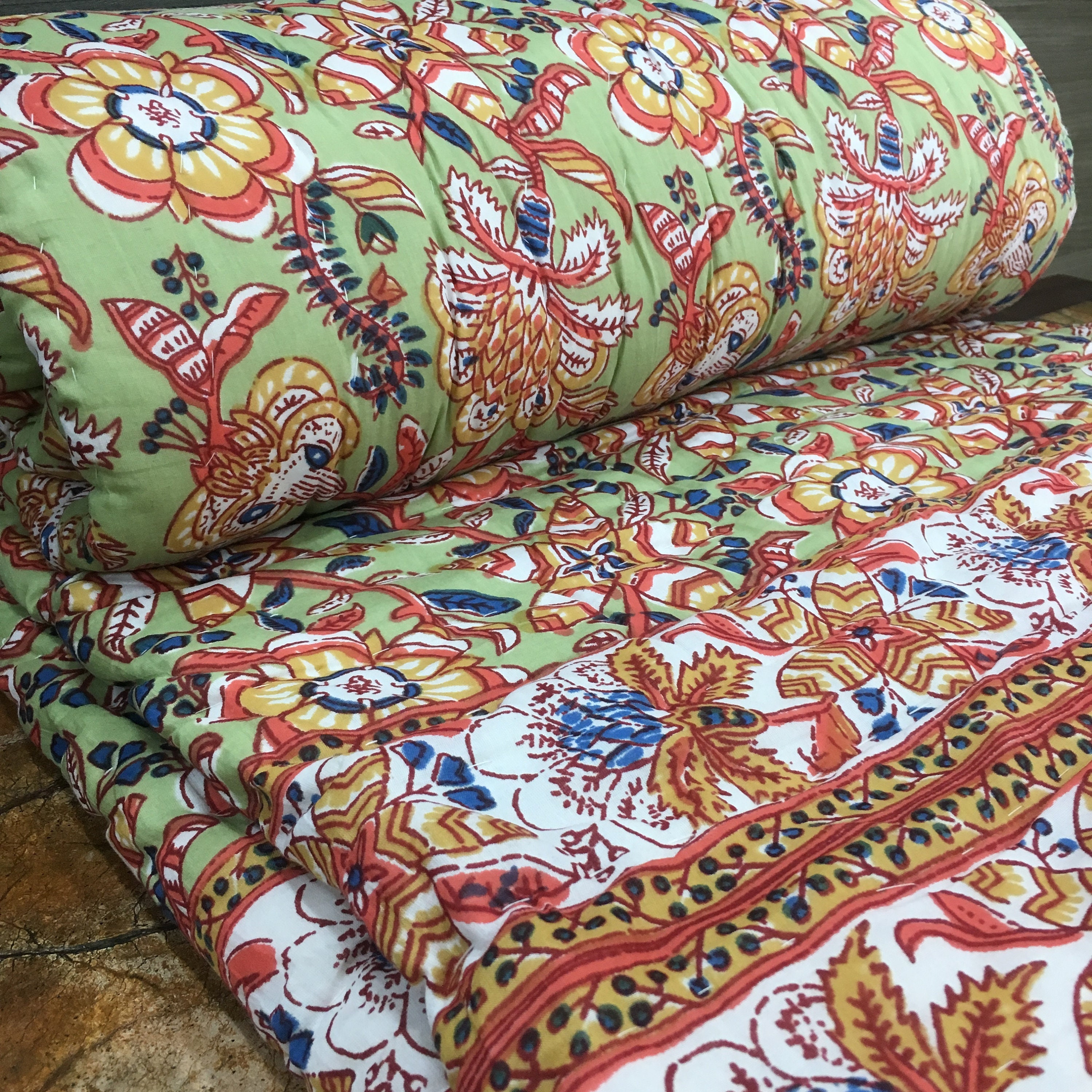 Quilt California King Block Print Quilt Queen Handmade Jaipur Quilt Rajai Padded Blanket Quilted Throw Indian Cotton Reversible Quilt Gift