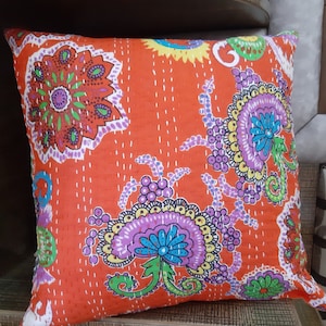 Kantha cushion cover/Embroidered throw pillow 2/Flowered patterned pillow cover/Orange pillow/Decorative pillow case/Housewarming pillow