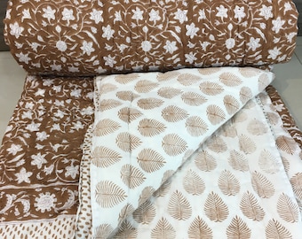 Colcha artesanal de algodão com estampa em bloco, manta reversível floral, tamanho king/queen.
