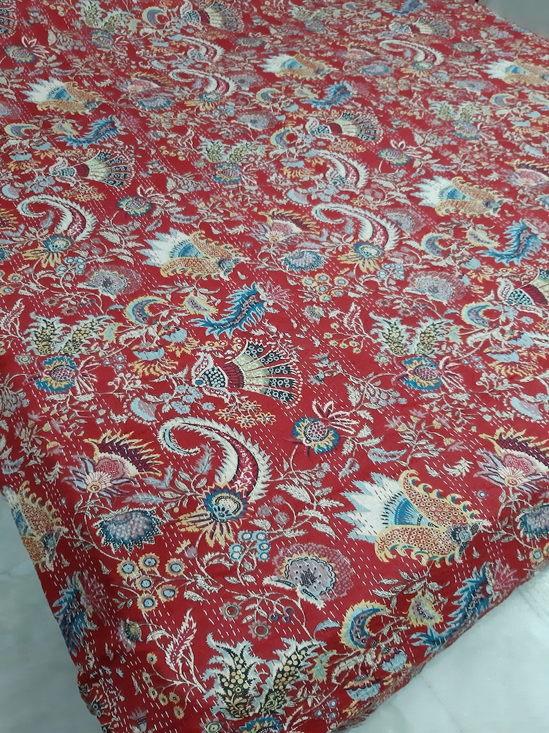 Handmade Queen Crown Mukut QuiltIndian Kantha BedcoverInsomnia BlanketCotton bed throwOrganic beddingCoverlet QueenFloral bedspread